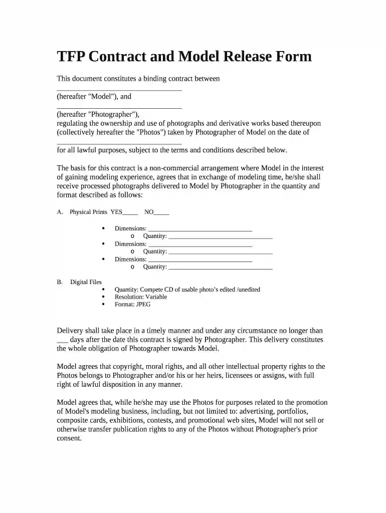 TFP Contract and Model Release Form Preview on Page 1