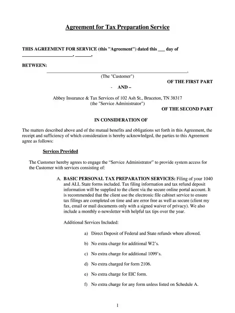 Agreement for Tax Preparation Service - Abbey Insurance and Tax Preview on Page 1