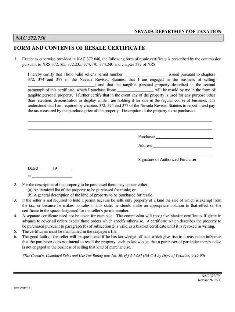 nevada resale certificate form Preview on Page 1