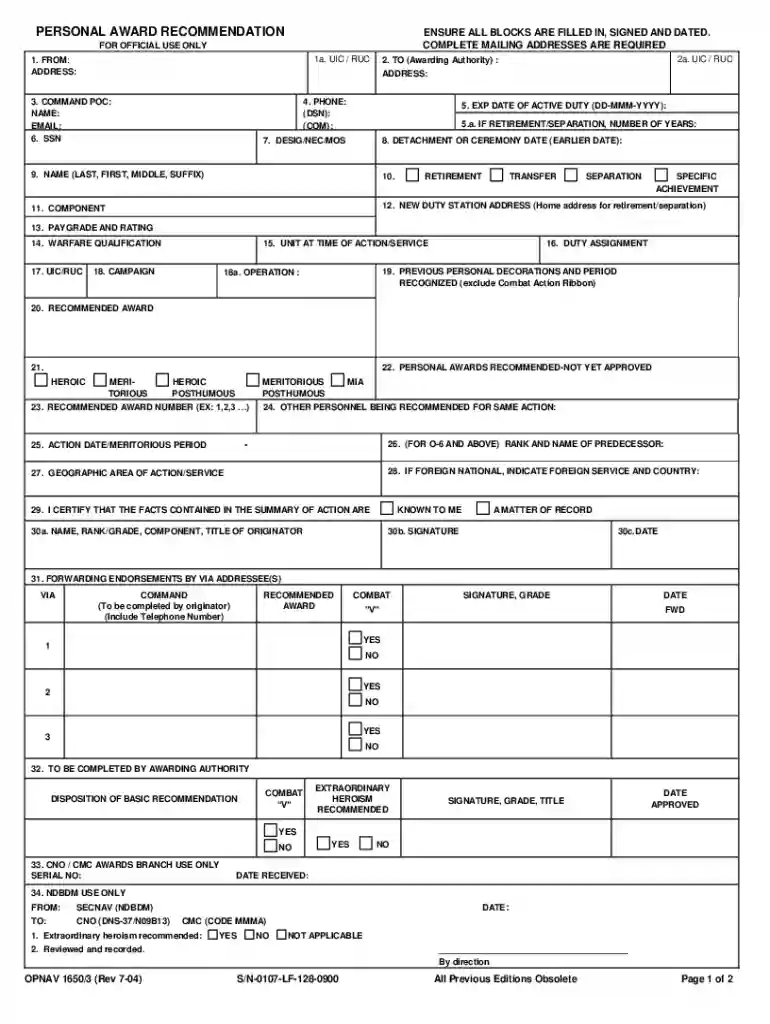 PERSONAL AWARD RECOMMENDATIONENSURE ALL BLOCKS ARE FILLED IN, SIGNED AND DATED Preview on Page 1