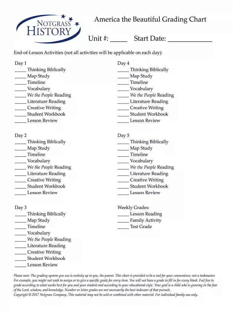 America the Beautiful Grading Chart Preview on Page 1