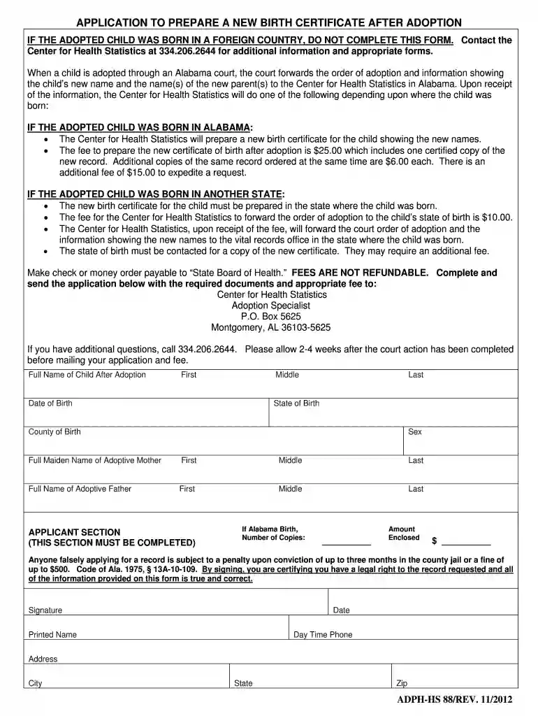 APPLICATION TO PREPARE A NEW BIRTH CERTIFICATE AFTER ADOPTION Preview on Page 1