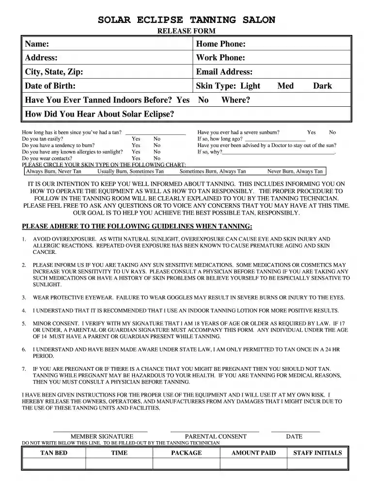 tanning bed consent form Preview on Page 1