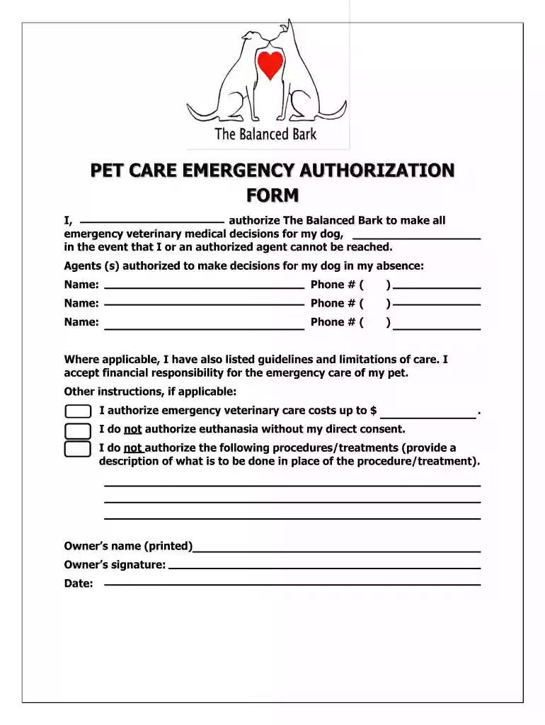 pet care emergency authorization form Preview on Page 1