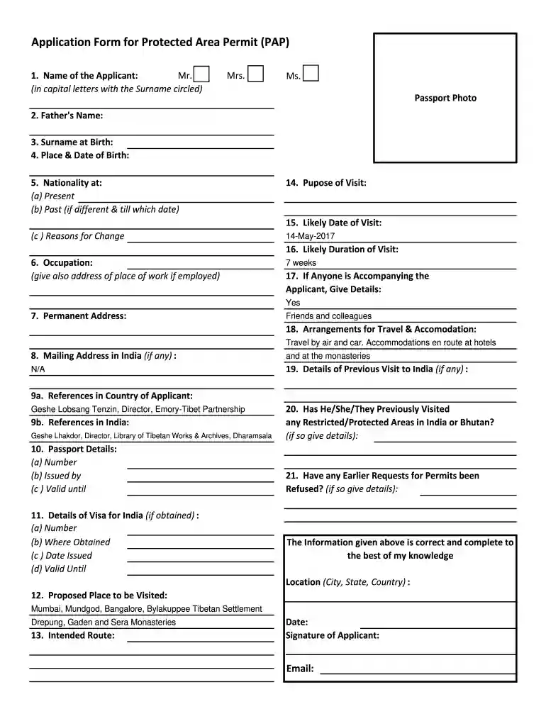 protected area permit application form online Preview on Page 1