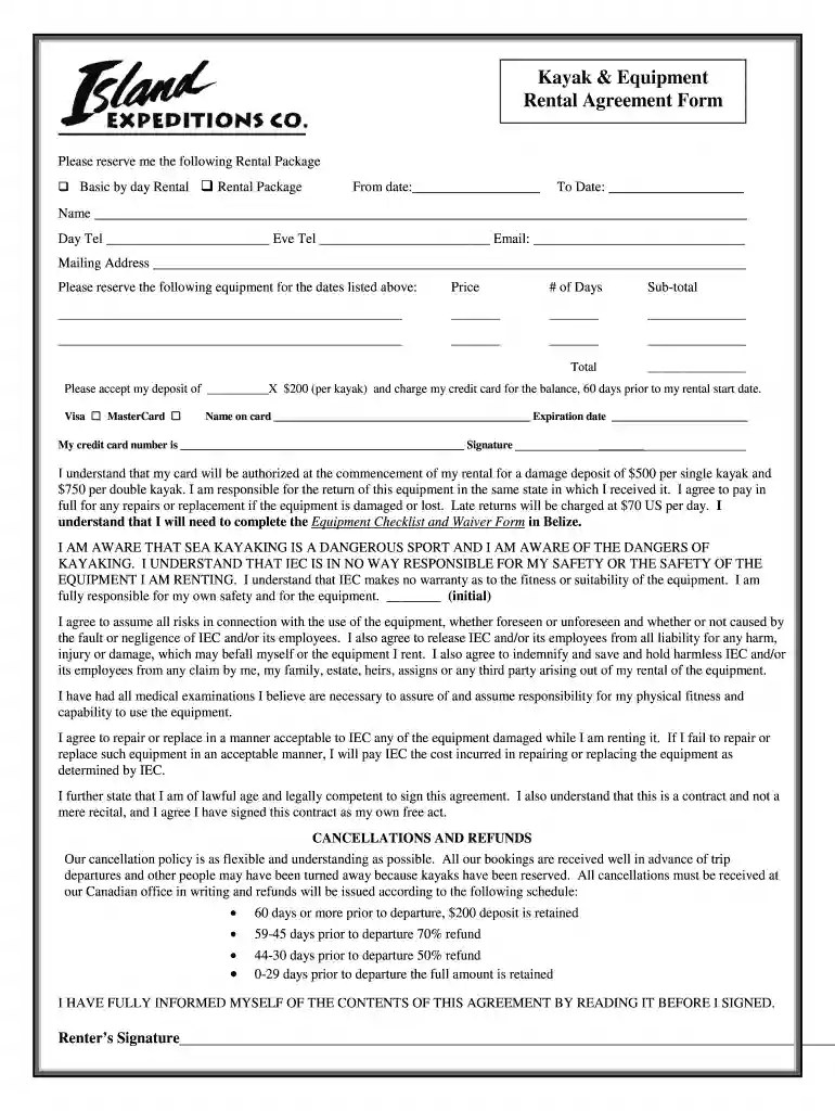kayak rental agreement form Preview on Page 1