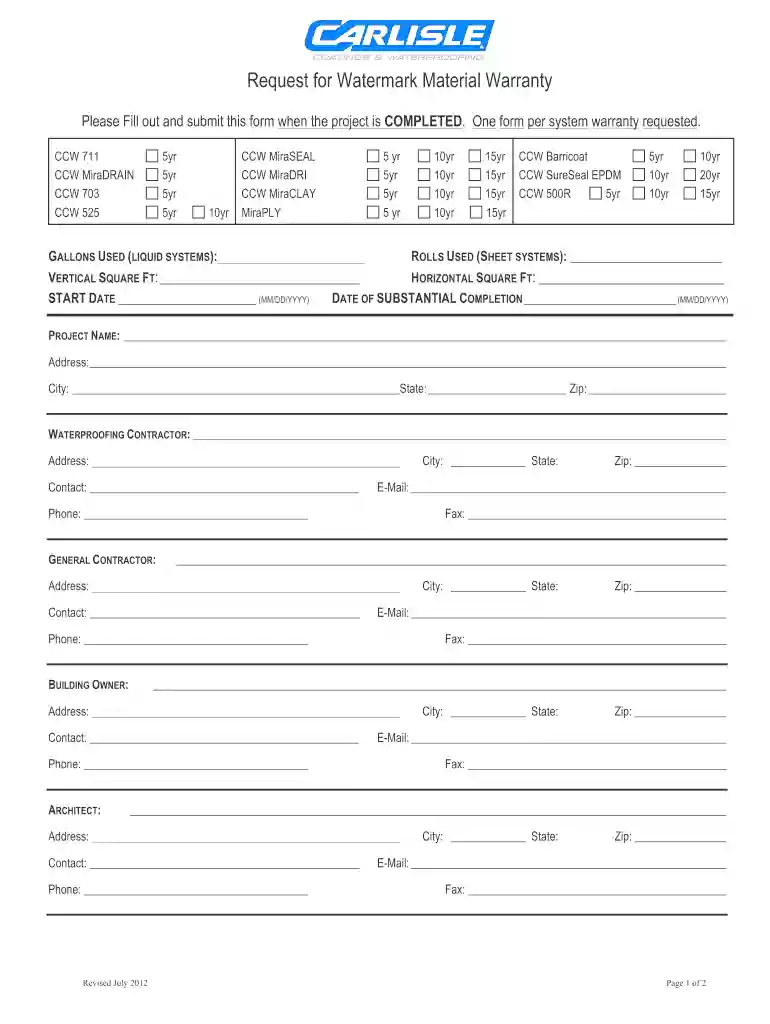 2012 Carlisle Request for Watermark Material Warranty Form Preview on Page 1