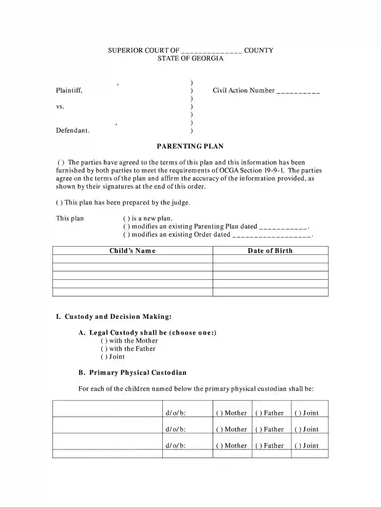 georgia parenting plan form Preview on Page 1
