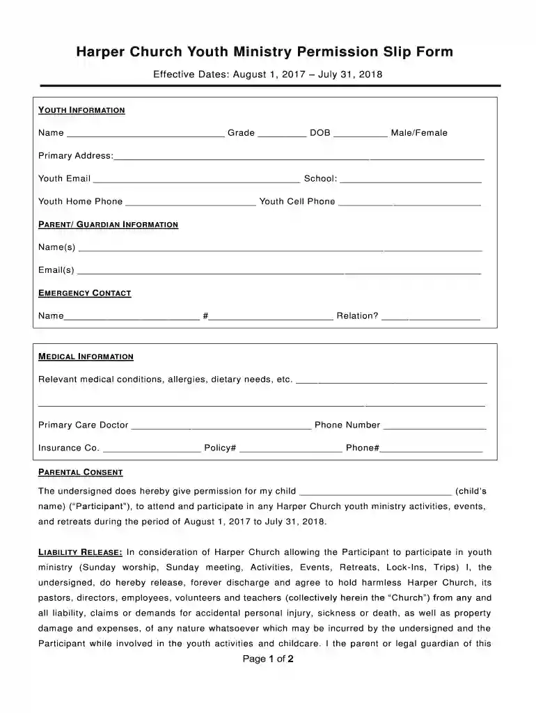 Harper Church Youth Ministry Permission Slip Form Preview on Page 1