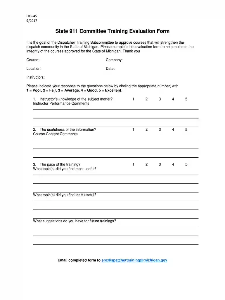 State 911 Committee Training Evaluation Form Preview on Page 1