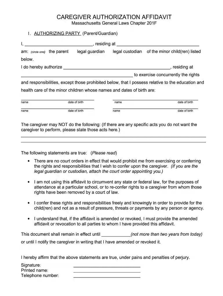 caregiver authorization affidavit Preview on Page 1