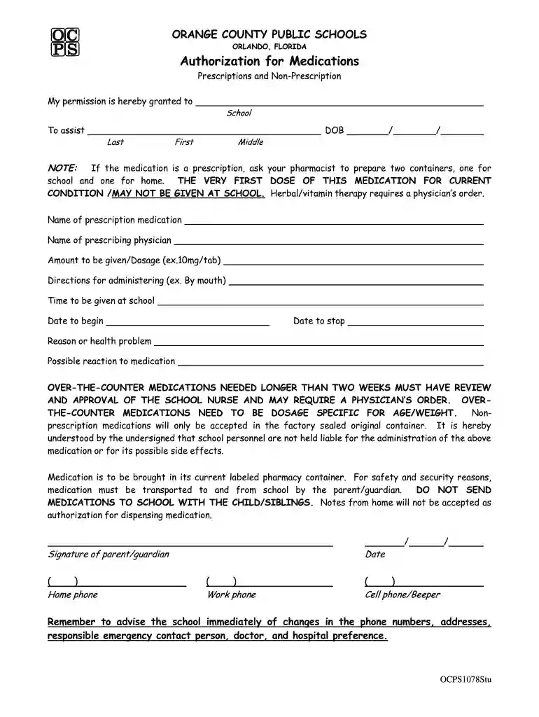 ocps medication authorization form Preview on Page 1