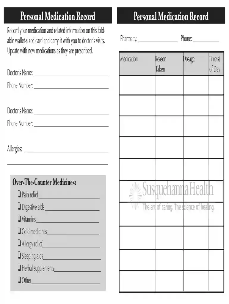 personal medication record form Preview on Page 1