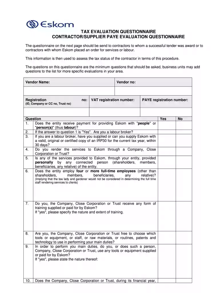 tax evaluation questionnaire Preview on Page 1