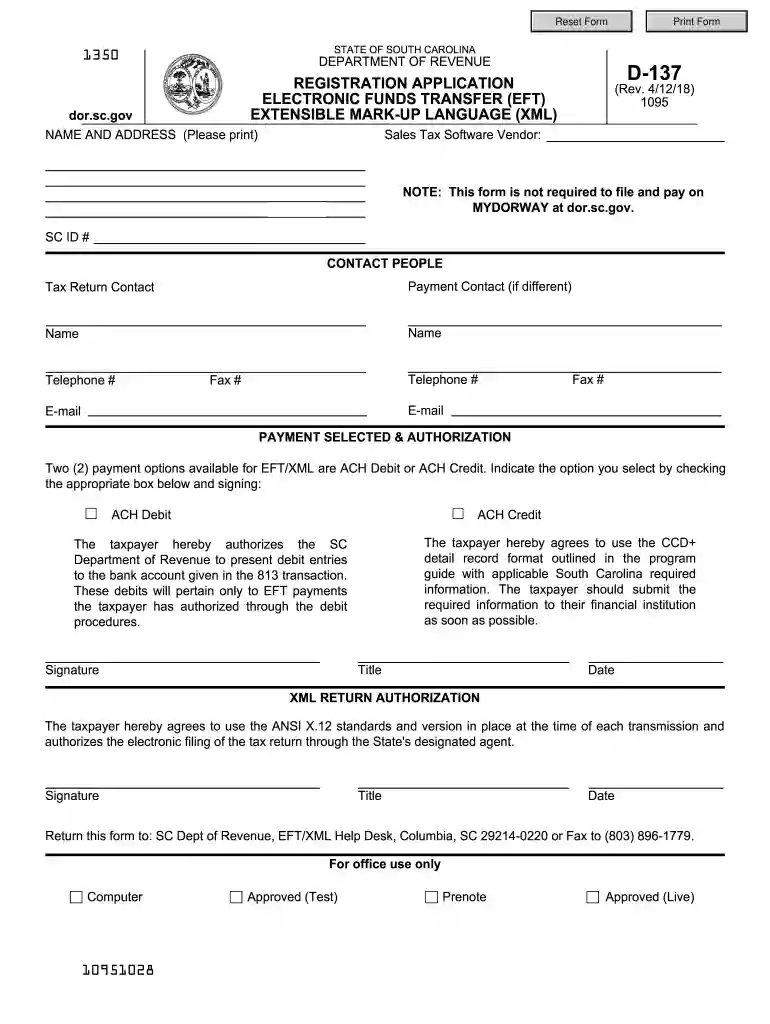 South Carolina EFT Registration Form D-137 Preview on Page 1