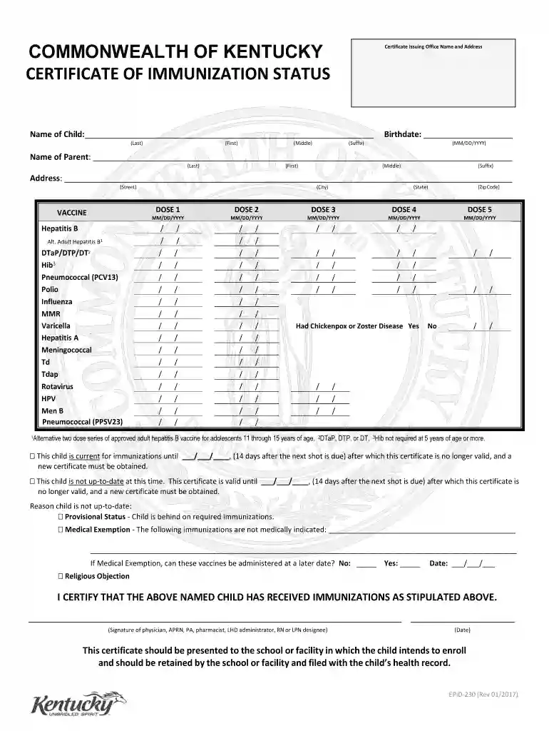 ky immunization certificate Preview on Page 1