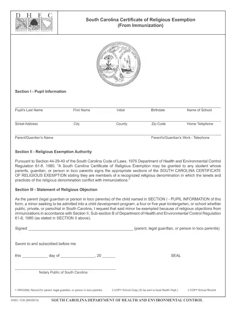 sc religious exemption form Preview on Page 1