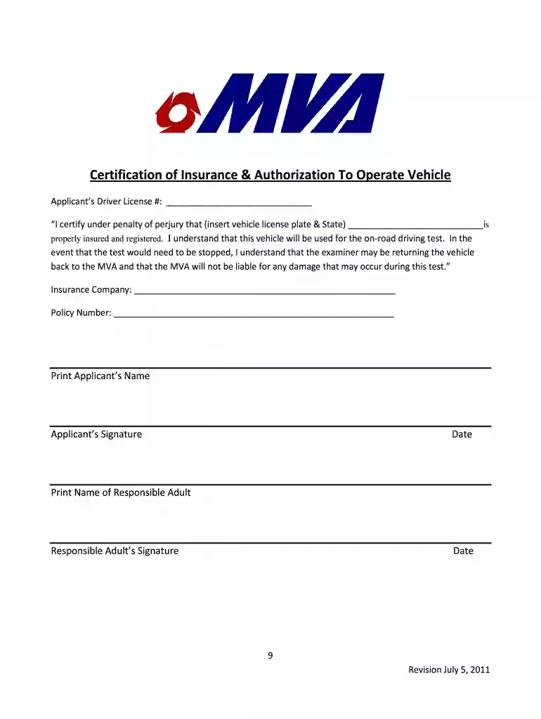 certification of insurance authorization to operate vehicle Preview on Page 1