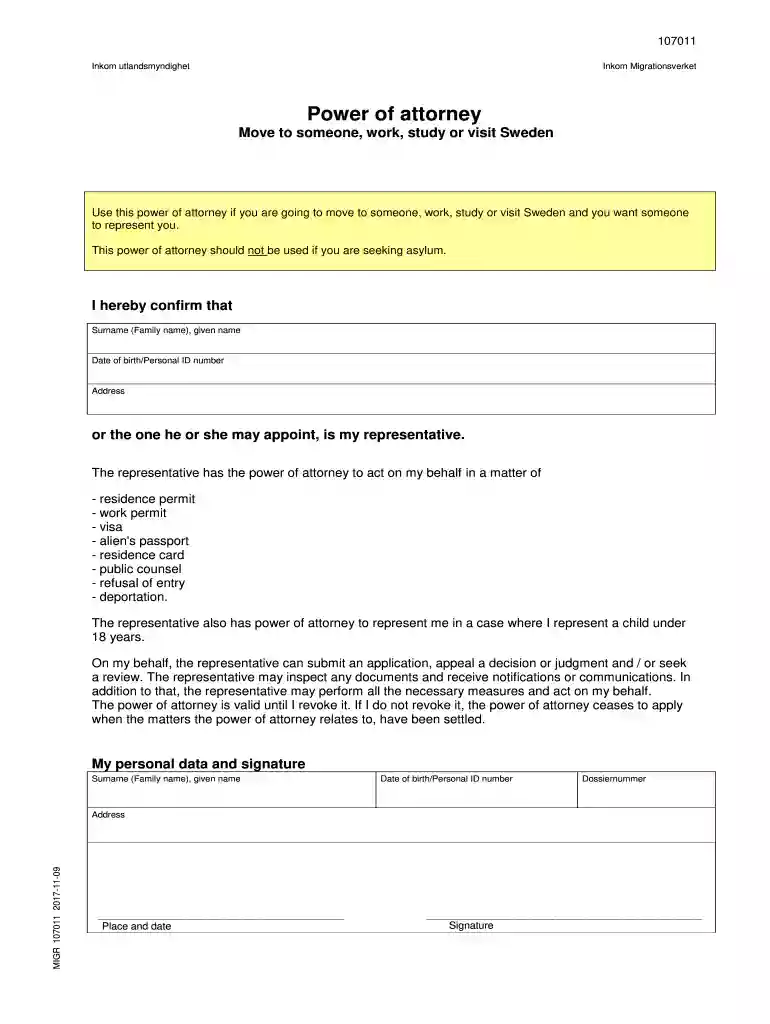 power of attorney form sweden Preview on Page 1