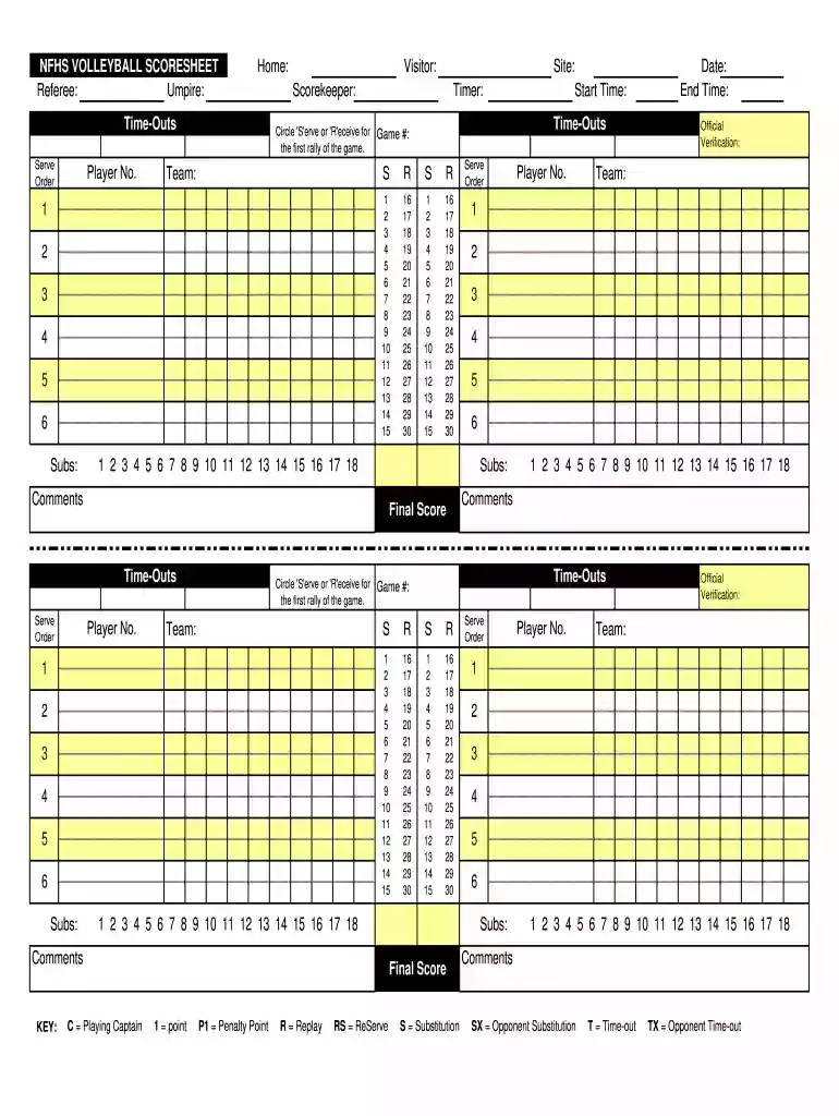 nfhs volleyball score sheet printable Preview on Page 1