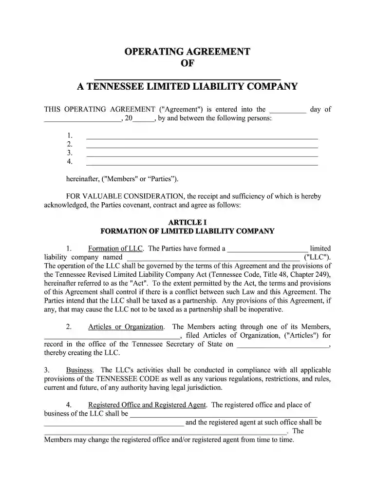 tennessee llc operating agreement Preview on Page 1