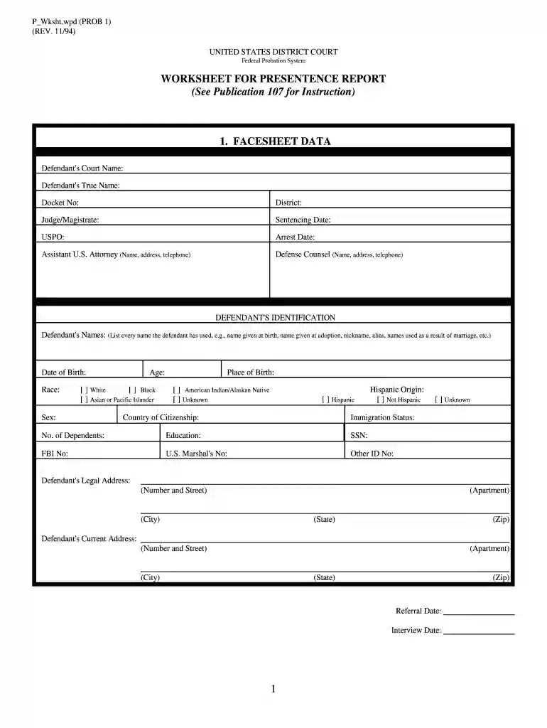worksheet for pre sentence report Preview on Page 1