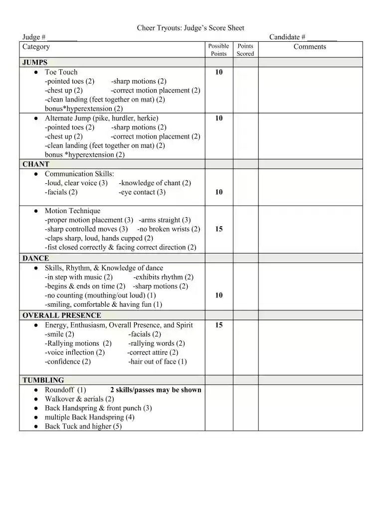 cheer tryouts score sheet Preview on Page 1