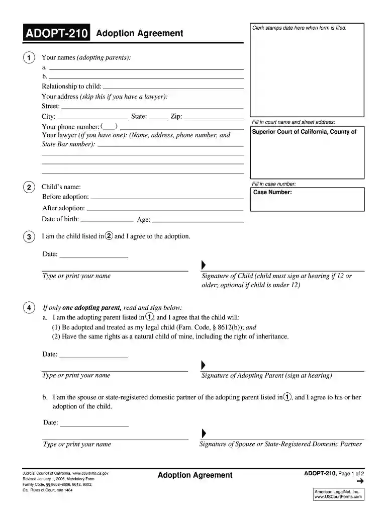 Adoption Agreement - Free Legal Forms - legalforms Preview on Page 1