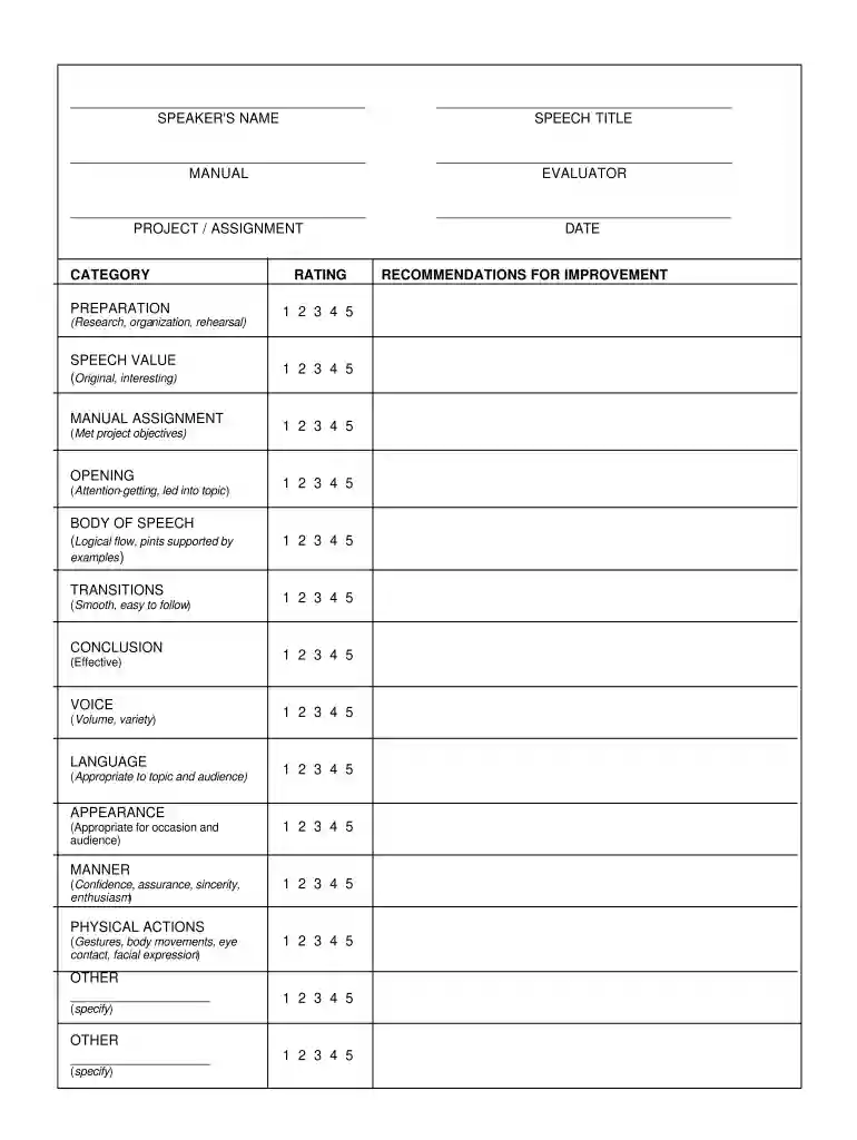 speech evaluation template Preview on Page 1