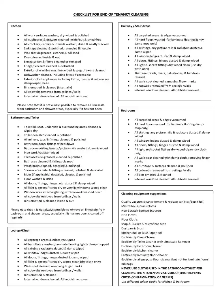 CHECKLIST FOR END OF TENANCY CLEANING Preview on Page 1