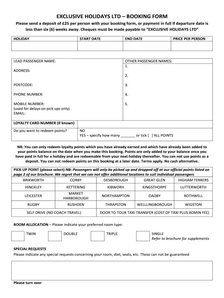 EXCLUSIVE HOLIDAYS LTD BOOKING FORM Preview on Page 1