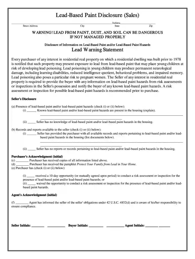 lead based paint disclosure form indiana Preview on Page 1