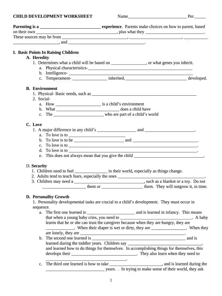 CHILD DEVELOPMENT WORKSHEETName Per Preview on Page 1