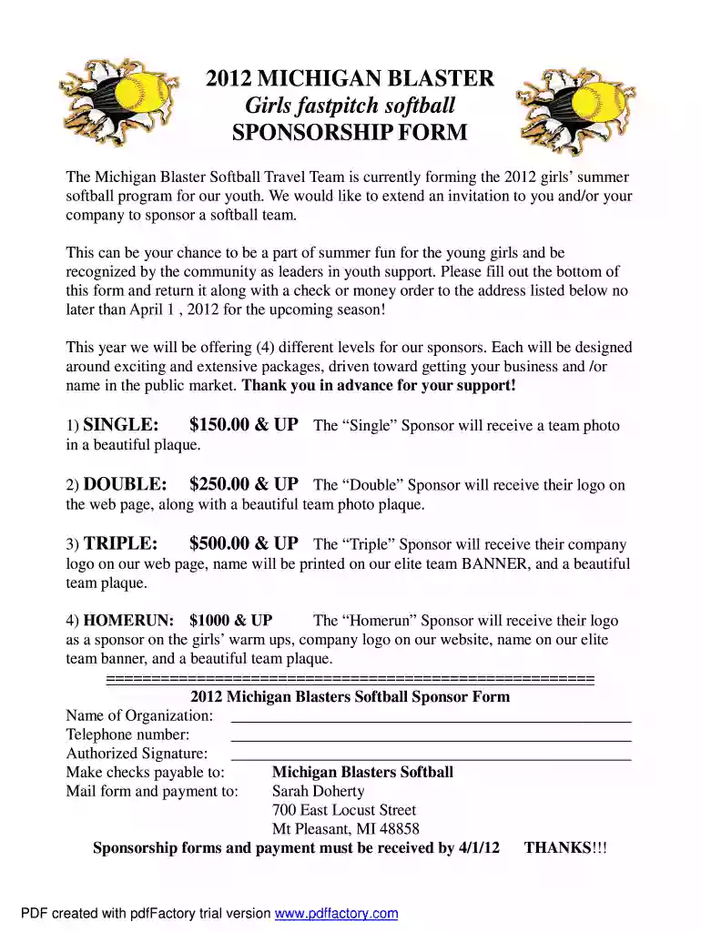 softball sponsorship letter Preview on Page 1