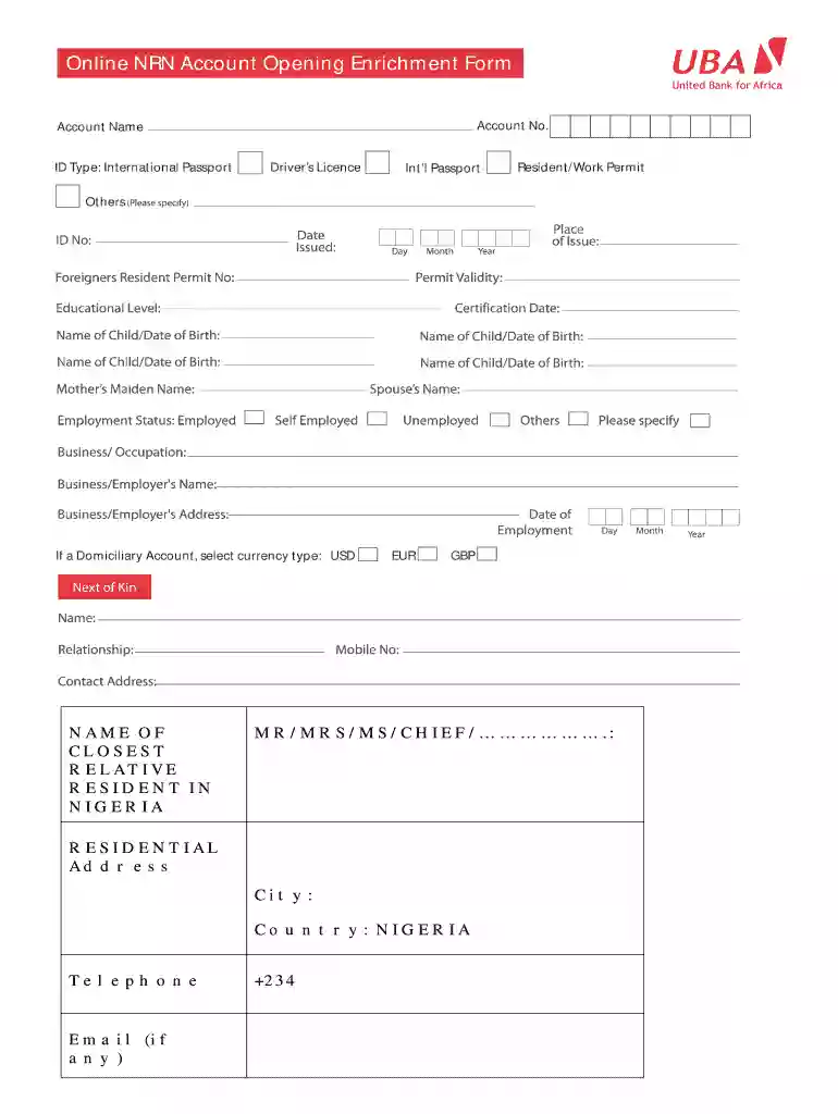 uba account opening form Preview on Page 1