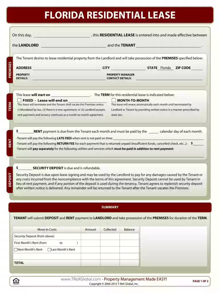 Florida Residential Lease Form - TReXGlobal.com Preview on Page 1