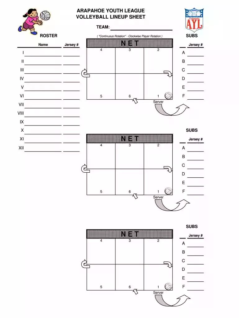 free printable volleyball lineup sheet Preview on Page 1