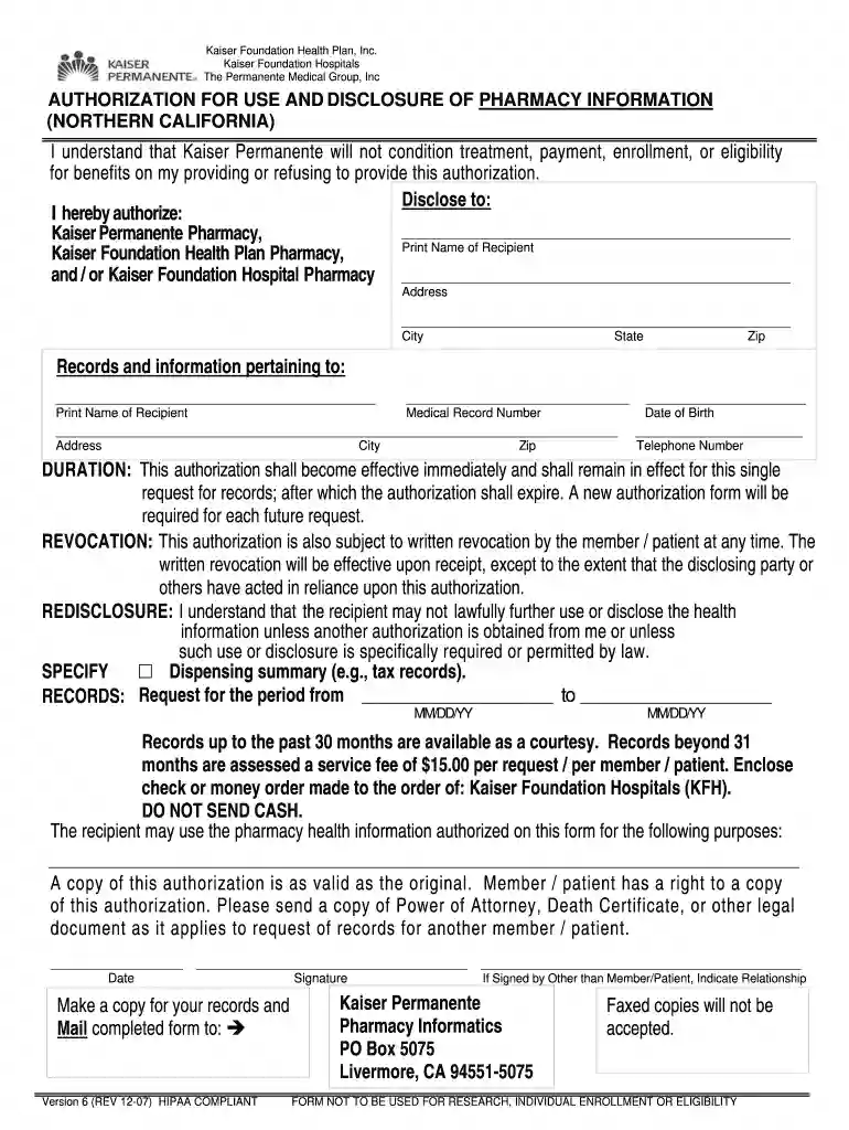 kaiser authorization form Preview on Page 1