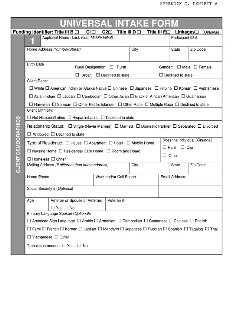 universal intake form Preview on Page 1