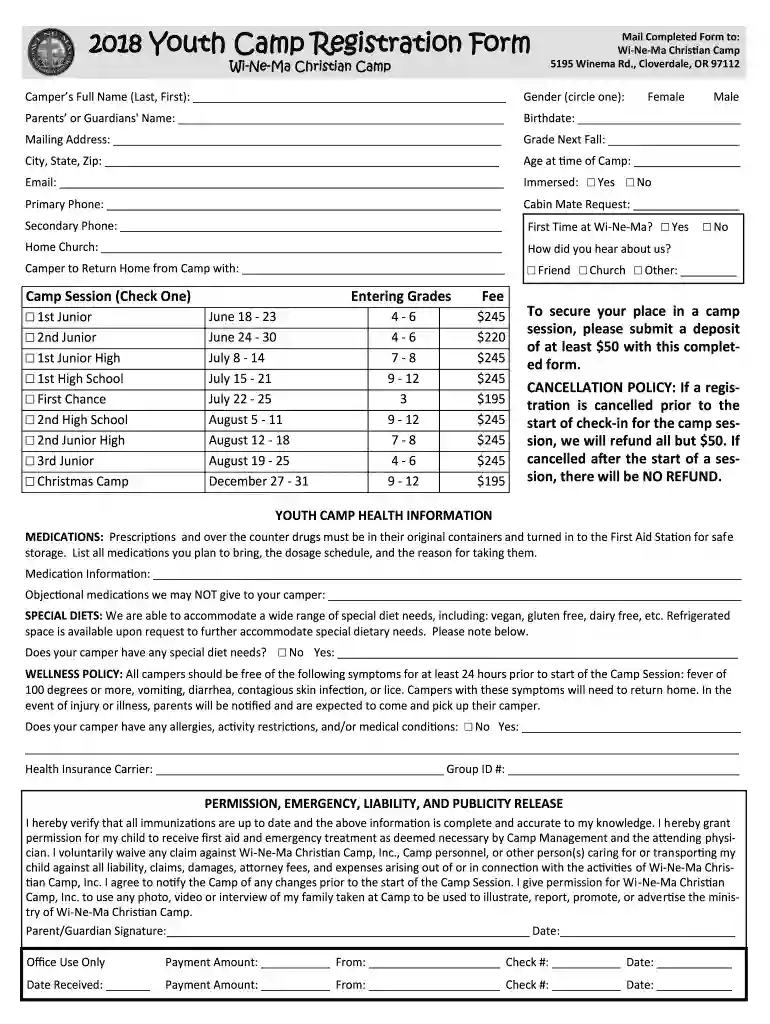 2018 Youth Camp Registration Form Preview on Page 1