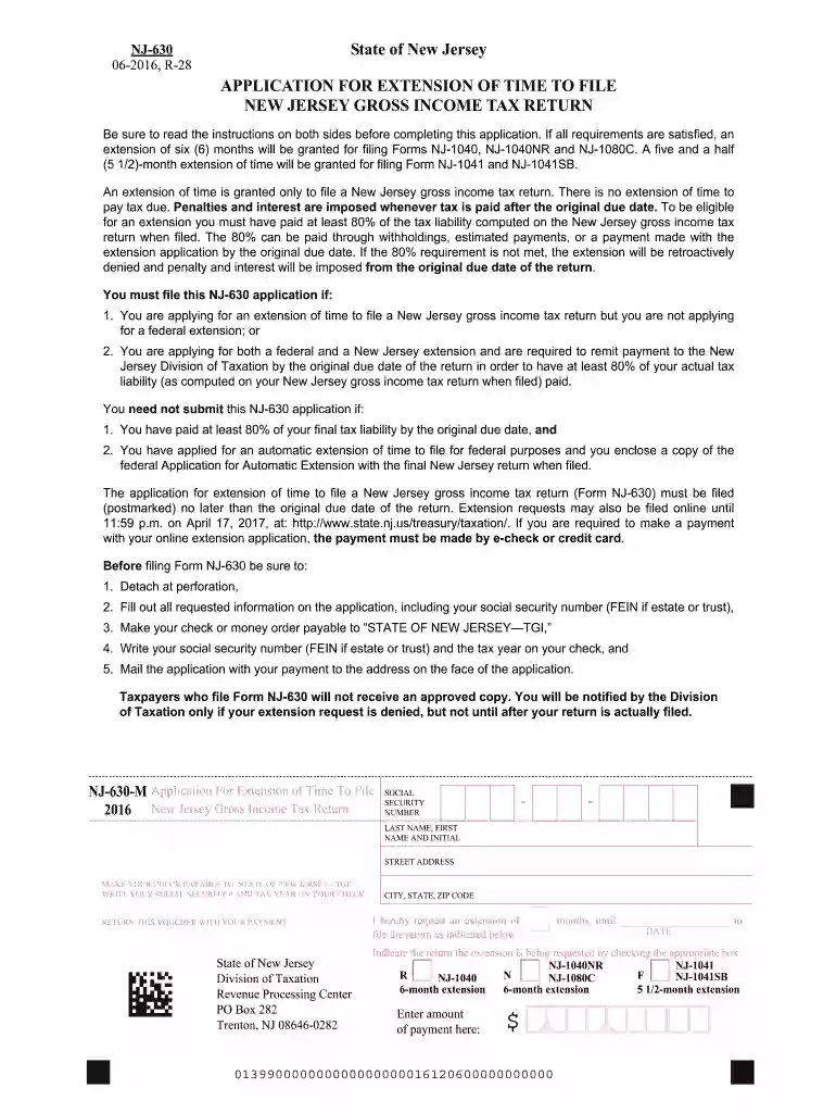 NJ Form 630- Application for Extension of Time to File NJ Gross Preview on Page 1