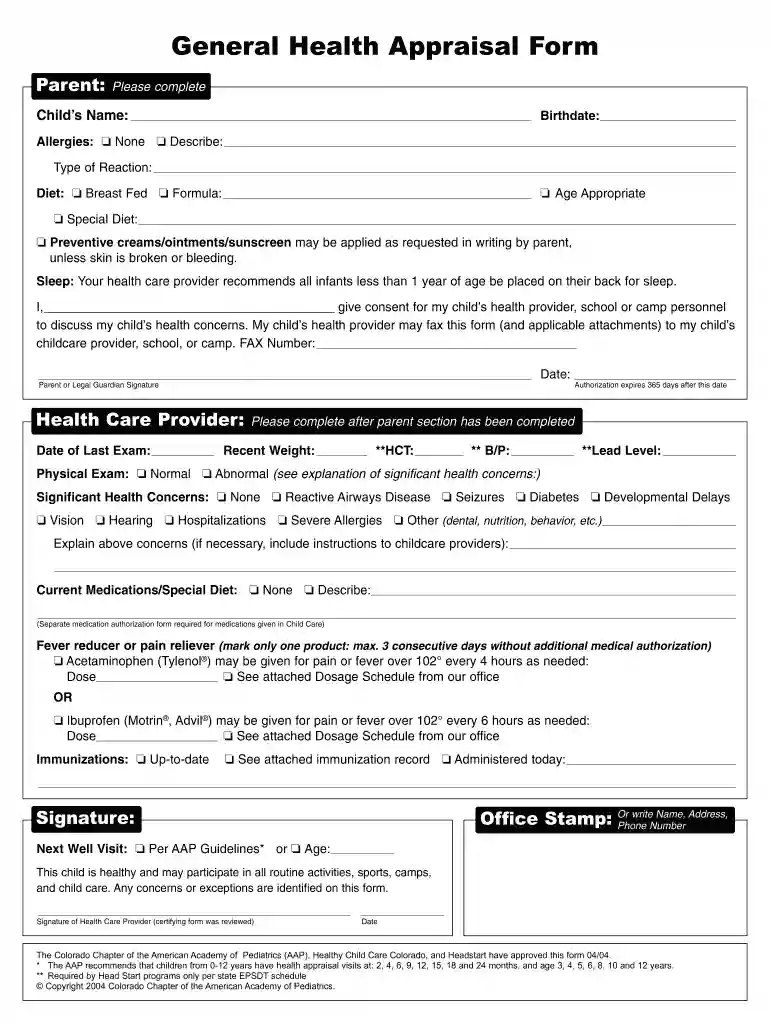 colorado general health appraisal form 2024 Preview on Page 1