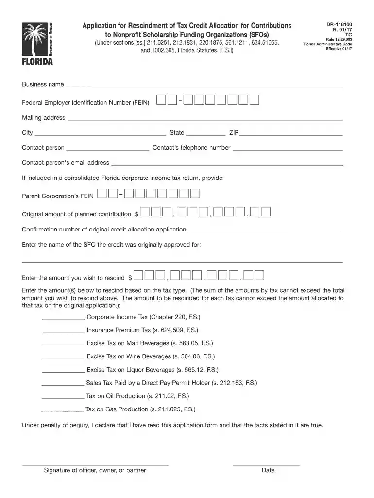 Application for Rescindment of Tax Credit Allocation for Contributions Preview on Page 1