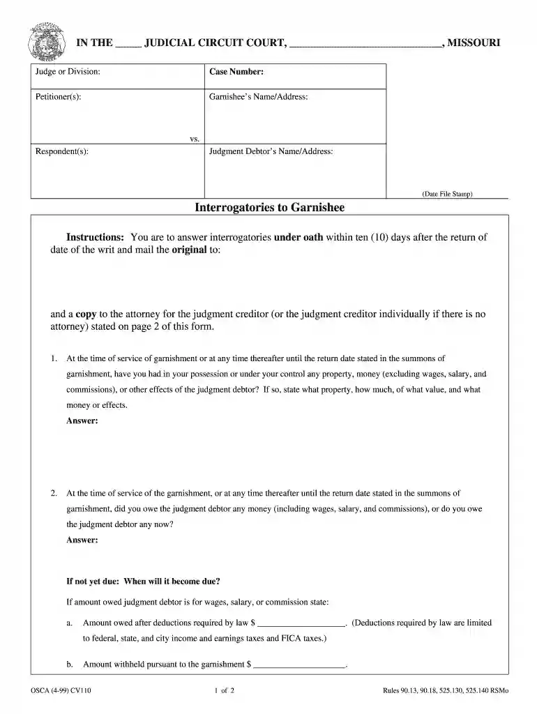 Interrogatories to Garnishee - Missouri Preview on Page 1