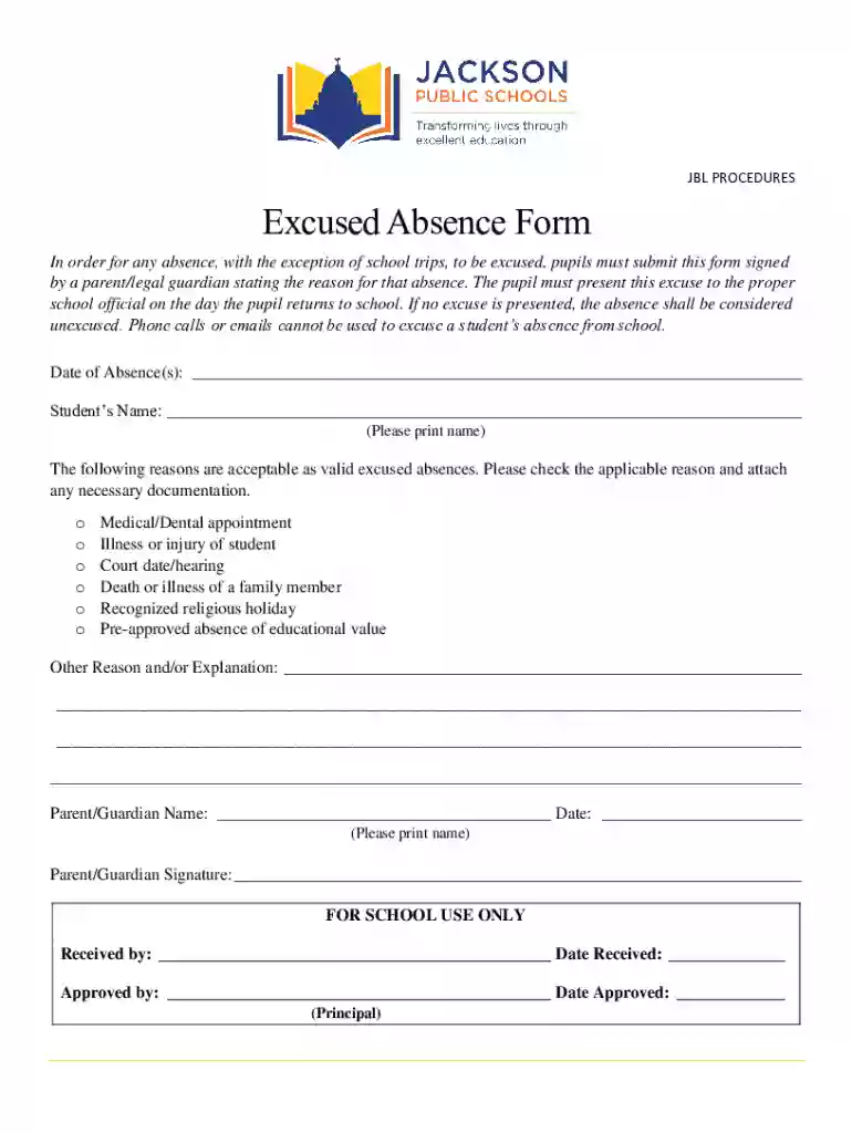 Excused absence form Preview on Page 1