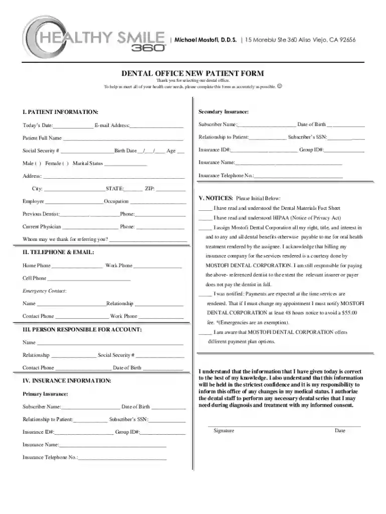 CA Healthy Smile 360 Dental Office New Patient Form Preview on Page 1