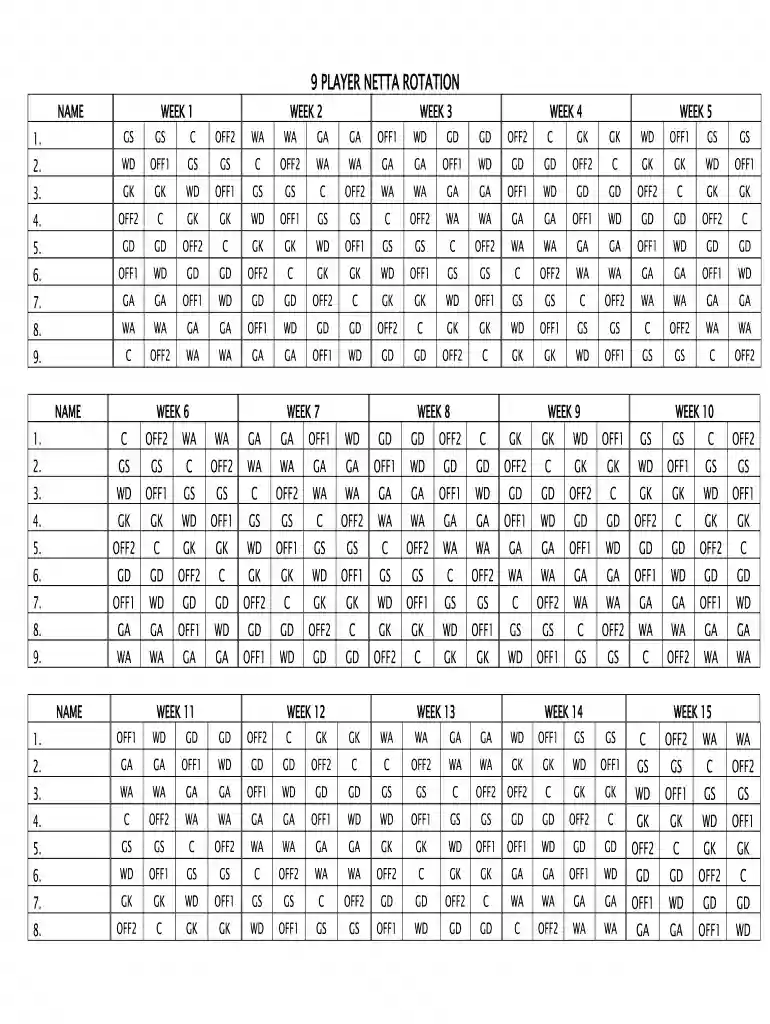 9 player netball rotation Preview on Page 1