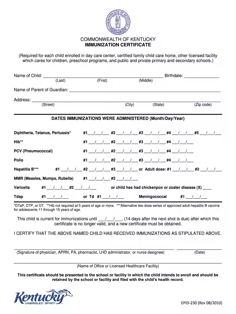 kentucky immunization form Preview on Page 1