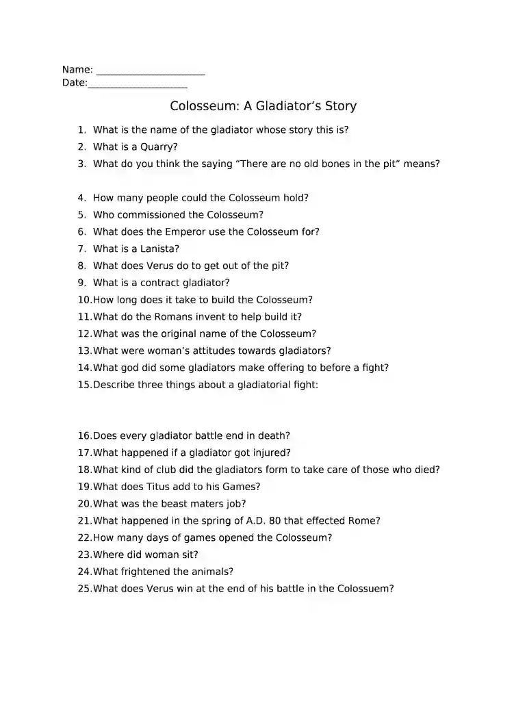 colosseum a gladiator's story worksheet Preview on Page 1