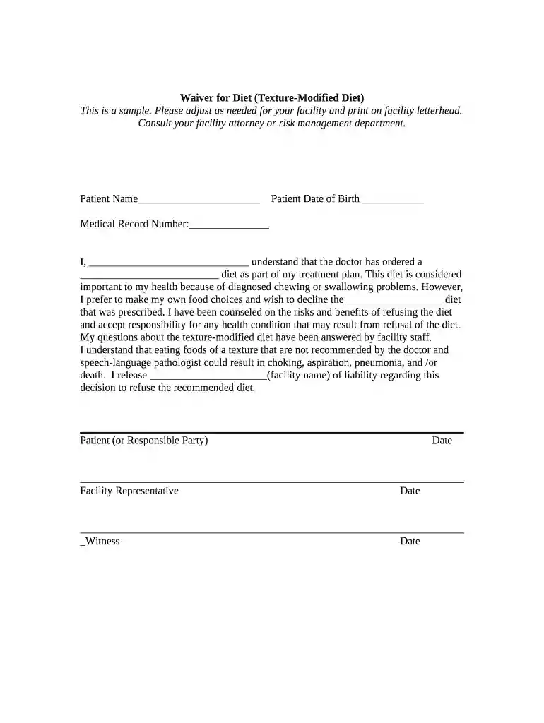 diet waiver form Preview on Page 1